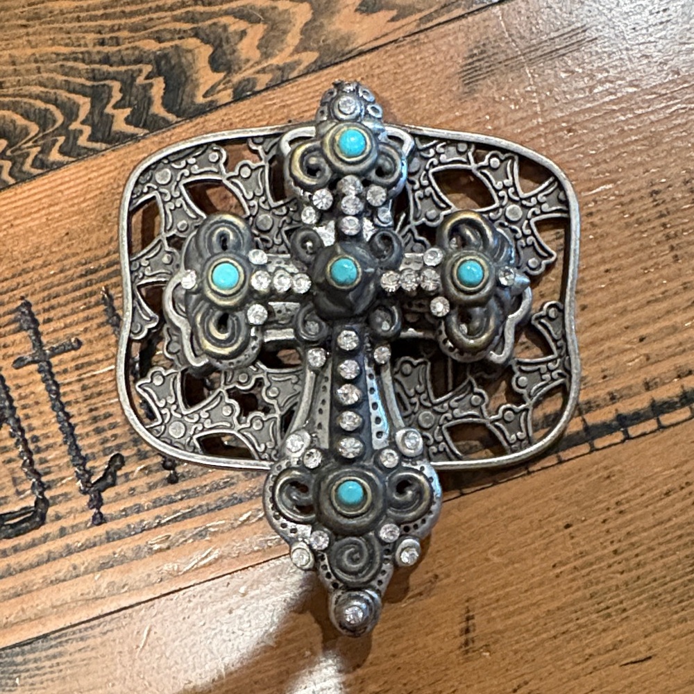 Ornate Silver and Turquoise Cross Belt Buckle